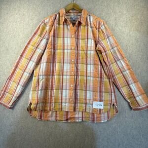 LL Bean Signature Womens Large Orange Yellow Plaid Long Sleeve Button Down Shirt